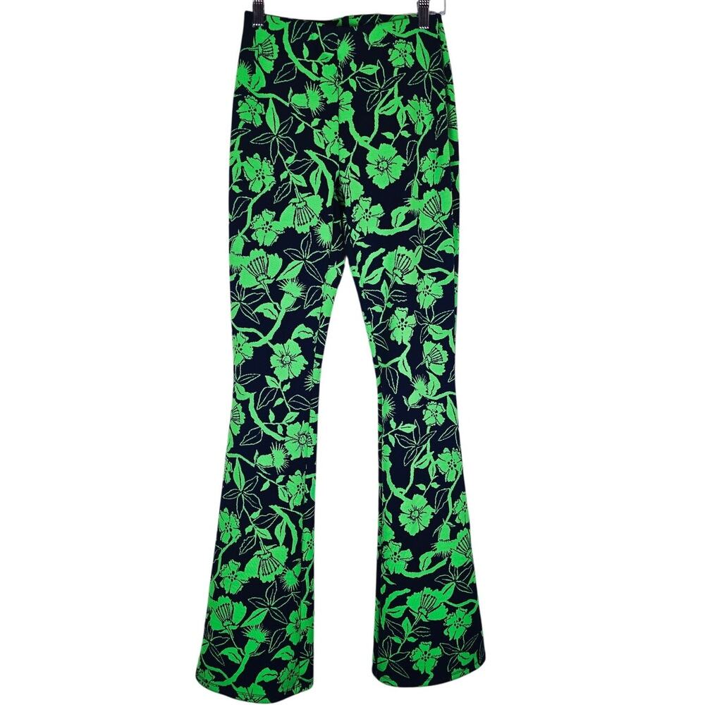 Zara Neon Green & Navy Floral High Rise Women's Flare Pants 2